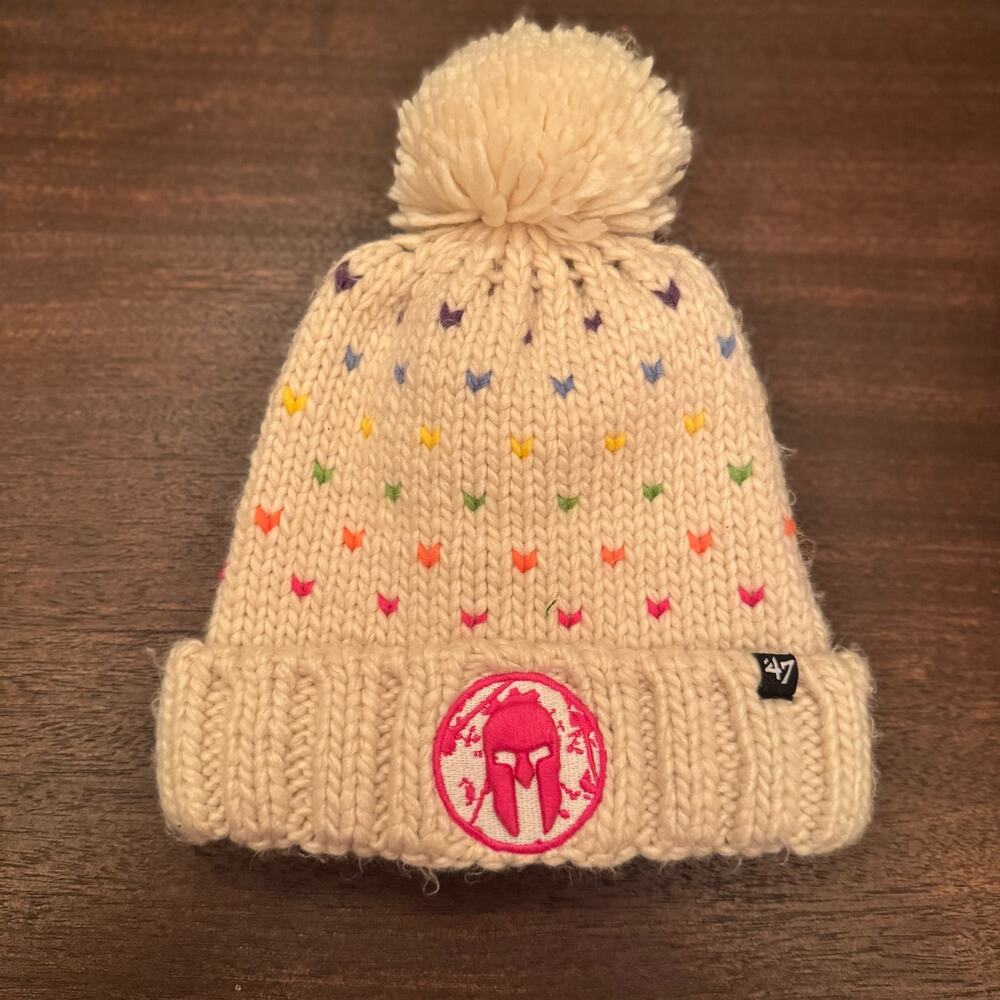 '47 Brand Kids Spartan Race Girls Beanie Cream Sprinkles Cuffed Knit Hat Pom Pom